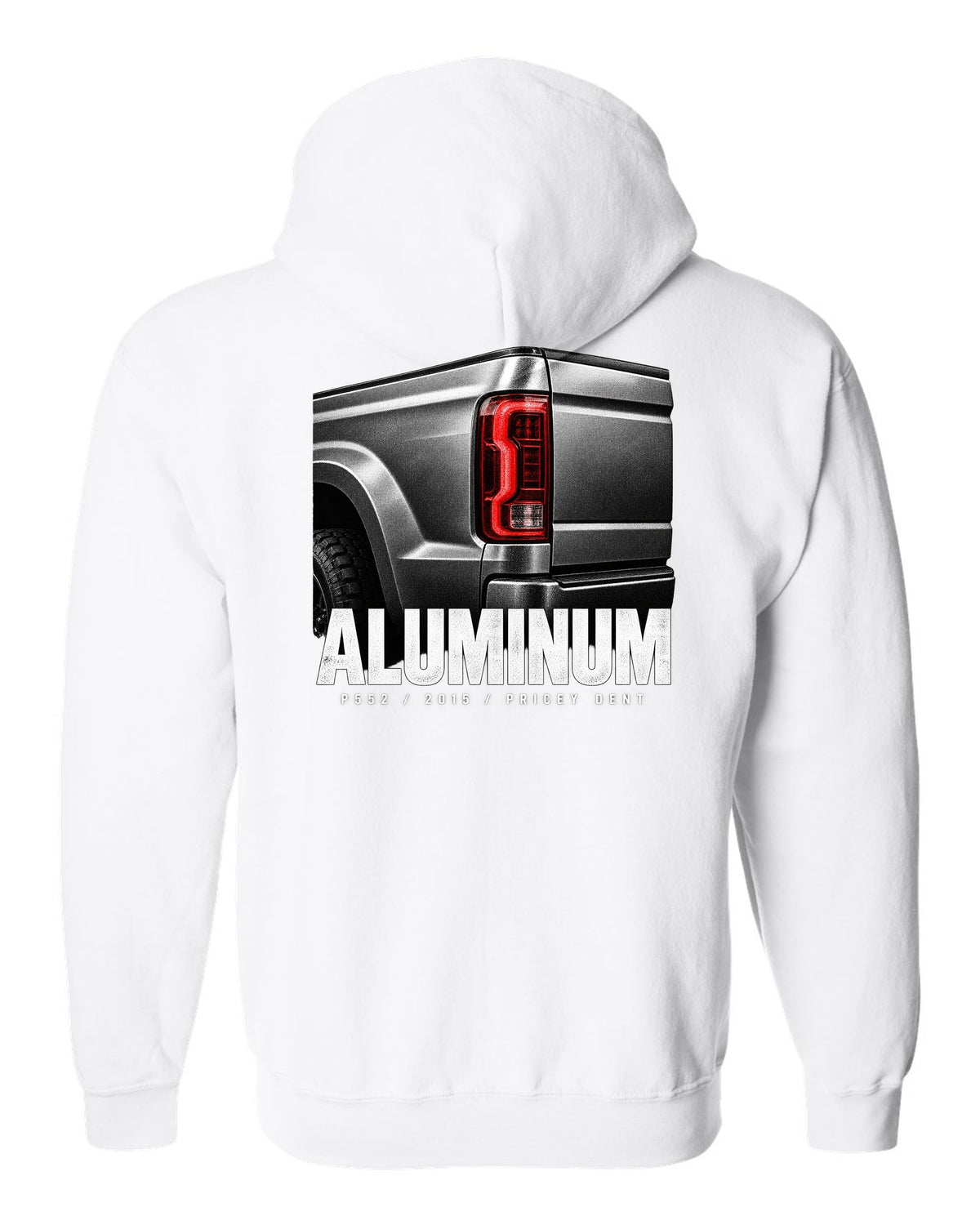 Macro print of a 2015-20 Ford F-150 P552 tailgate with aluminum and pricey dent text white zip hoodie back view with the design