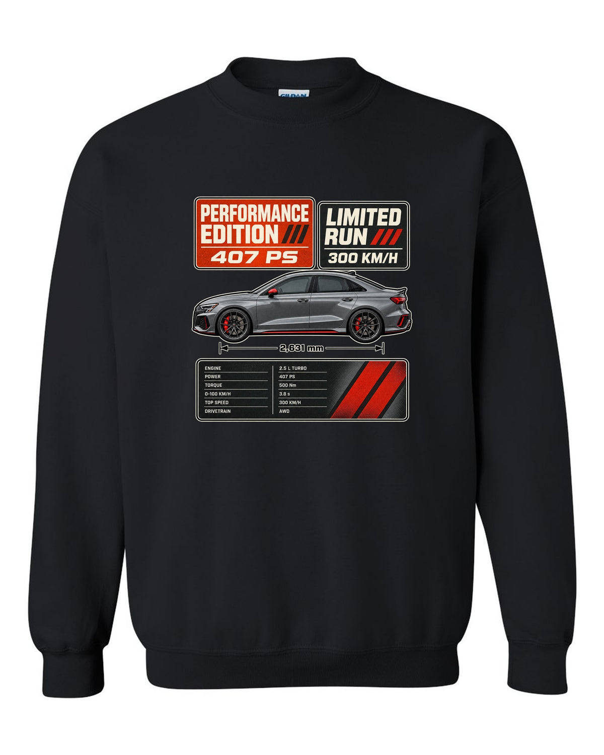 Grey and orange spec poster for the Audi RS3 8Y Performance Edition black crewneck front view with the design