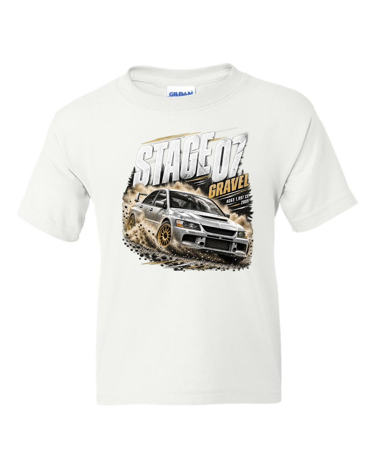 Rally poster print of a Mitsubishi Lancer Evolution IX CT9A on gravel white kids tee front view with the design