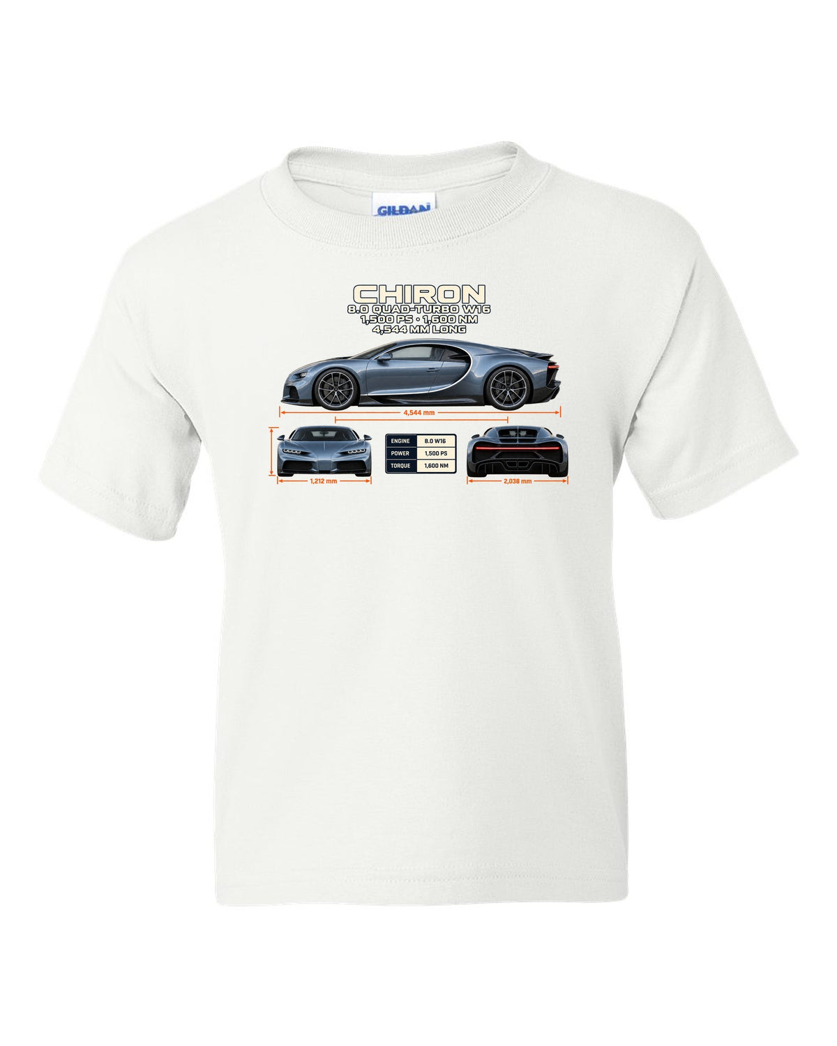 Three-view drawing and spec table of a Bugatti Chiron on the front of a tee white kids tee front view with the design