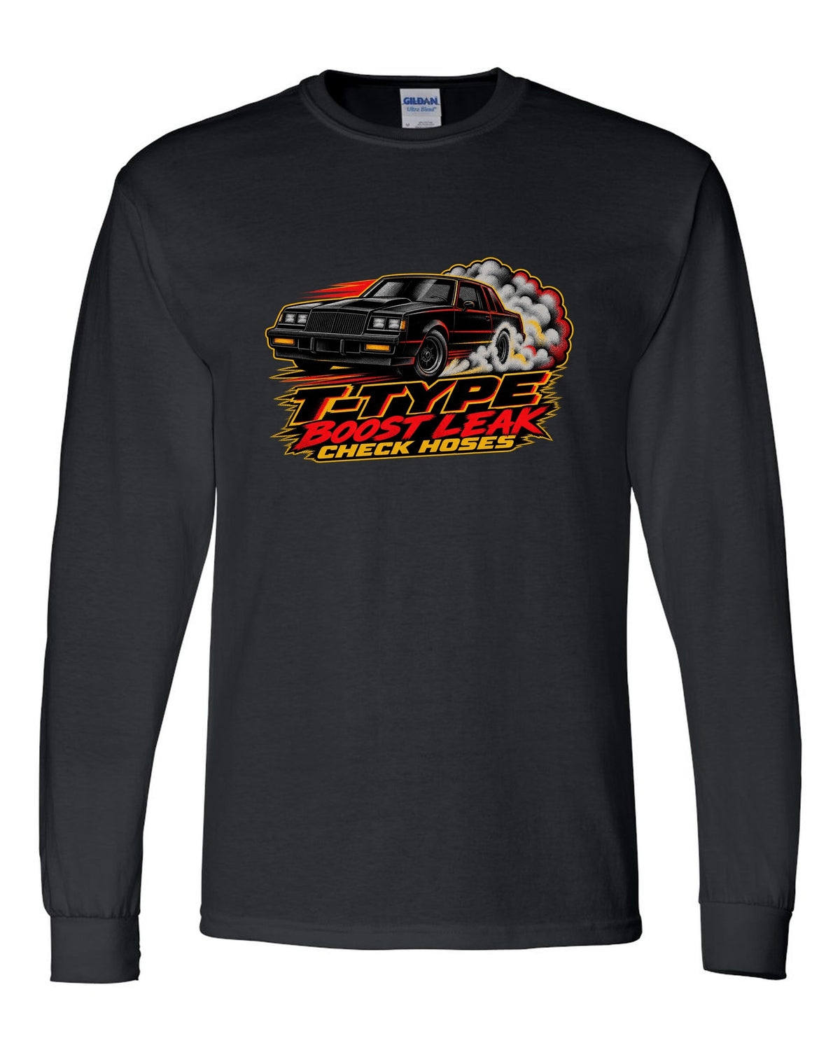 1986 Buick Regal T-Type G-body burnout in halftone screenprint style black long sleeve front view with the design