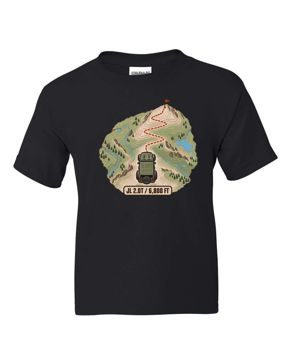 Jeep Wrangler JL 2.0T topographic contour map design with route line and 6,800 ft text black kids tee front view with the design