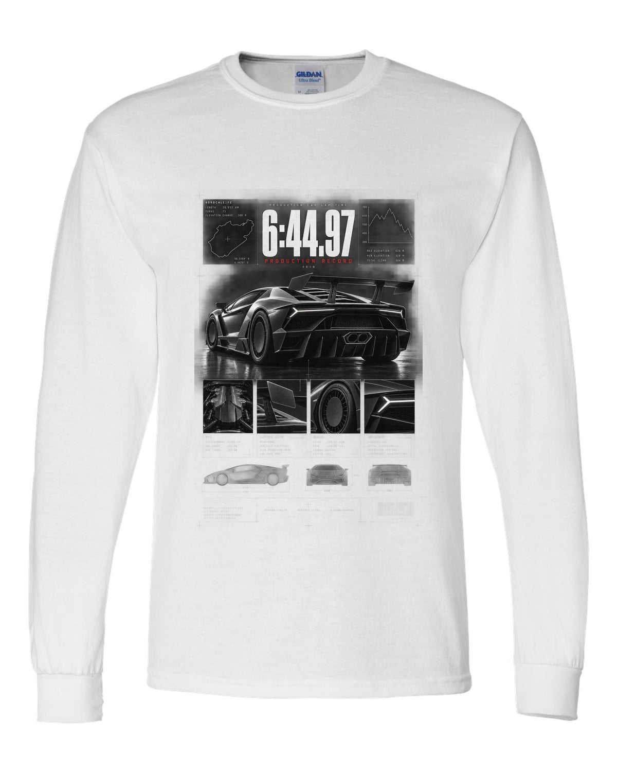 Dossier panel print of a Lamborghini Aventador SVJ LP770-4 with 6:44.97 production record text white long sleeve front view with the design