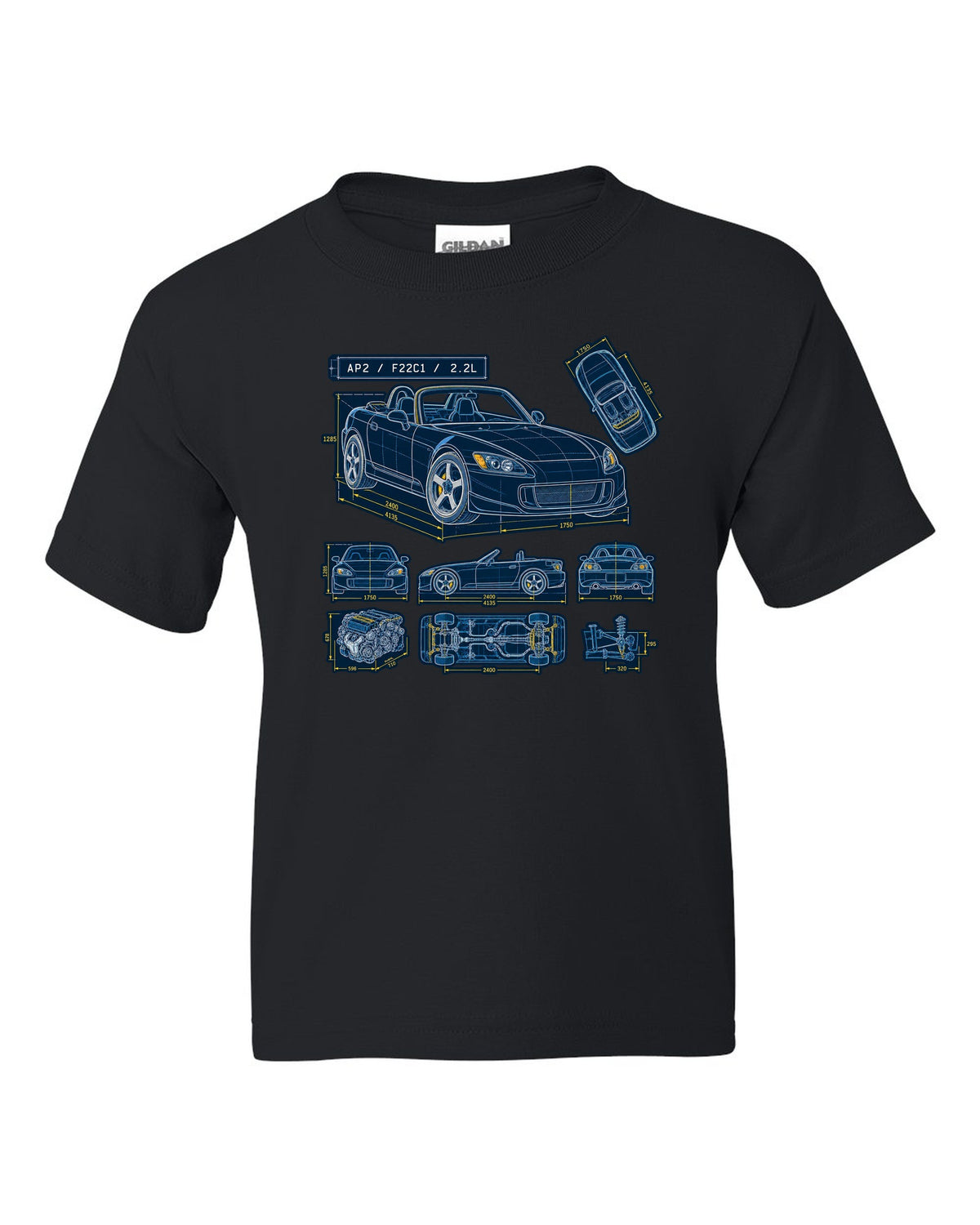 Neon synthwave sunset print of a Honda S2000 AP2 with 8,200 RPM not 9,000 text black kids tee front view with the design