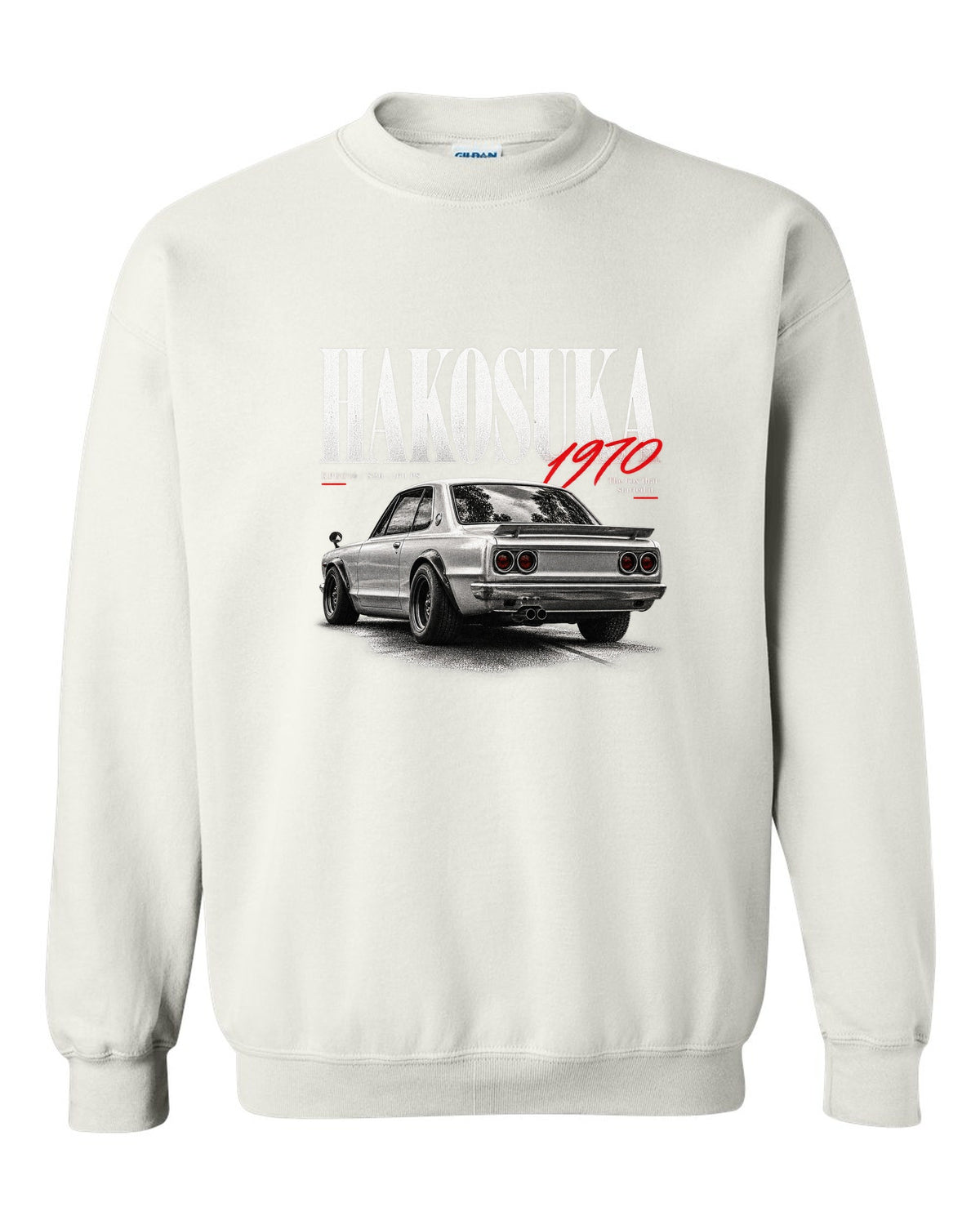 Editorial headline print of a Nissan Skyline 2000GT-R KPGC10 Hakosuka white crewneck front view with the design