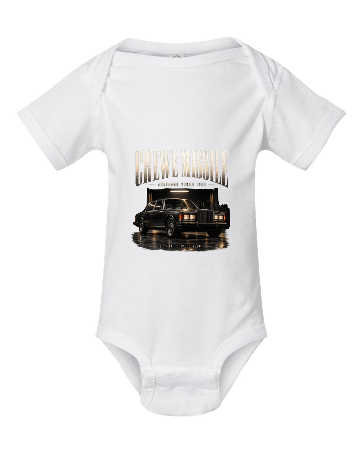 Bentley Mulsanne Turbo 1982 in a garage at night white baby onesie front view with the design