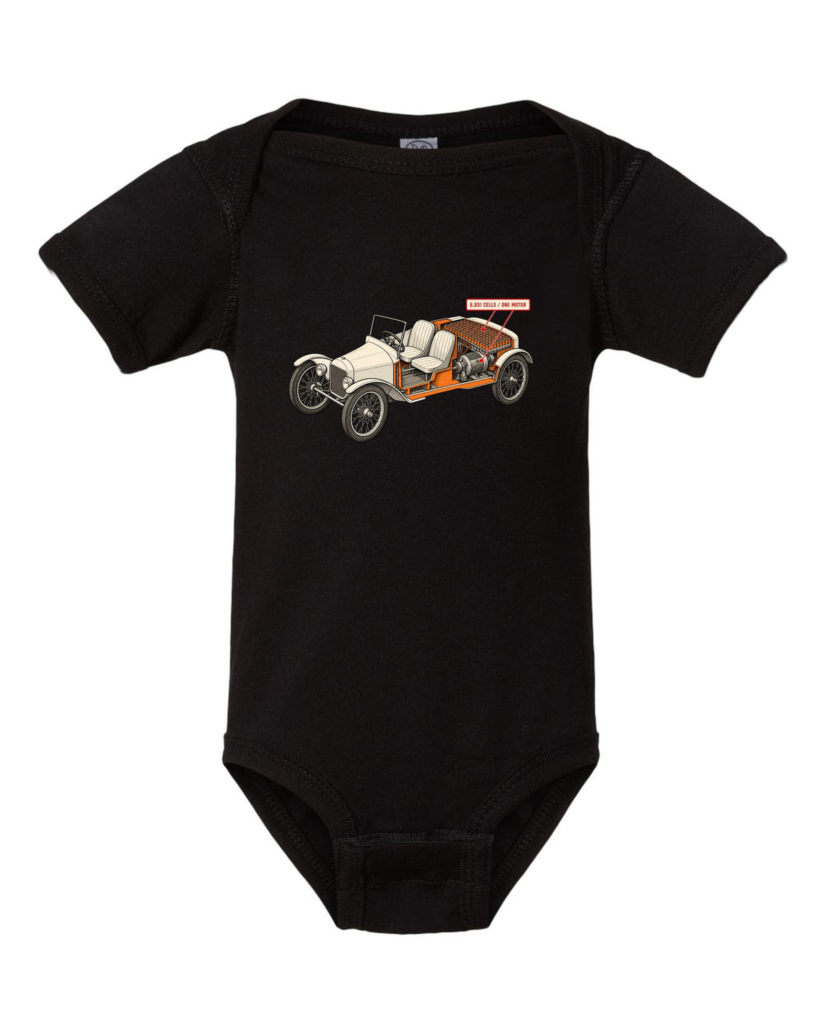 Isometric cutaway diagram print of a Tesla Roadster Gen 1 reading 6,831 Cells One Motor black baby onesie front view with the design