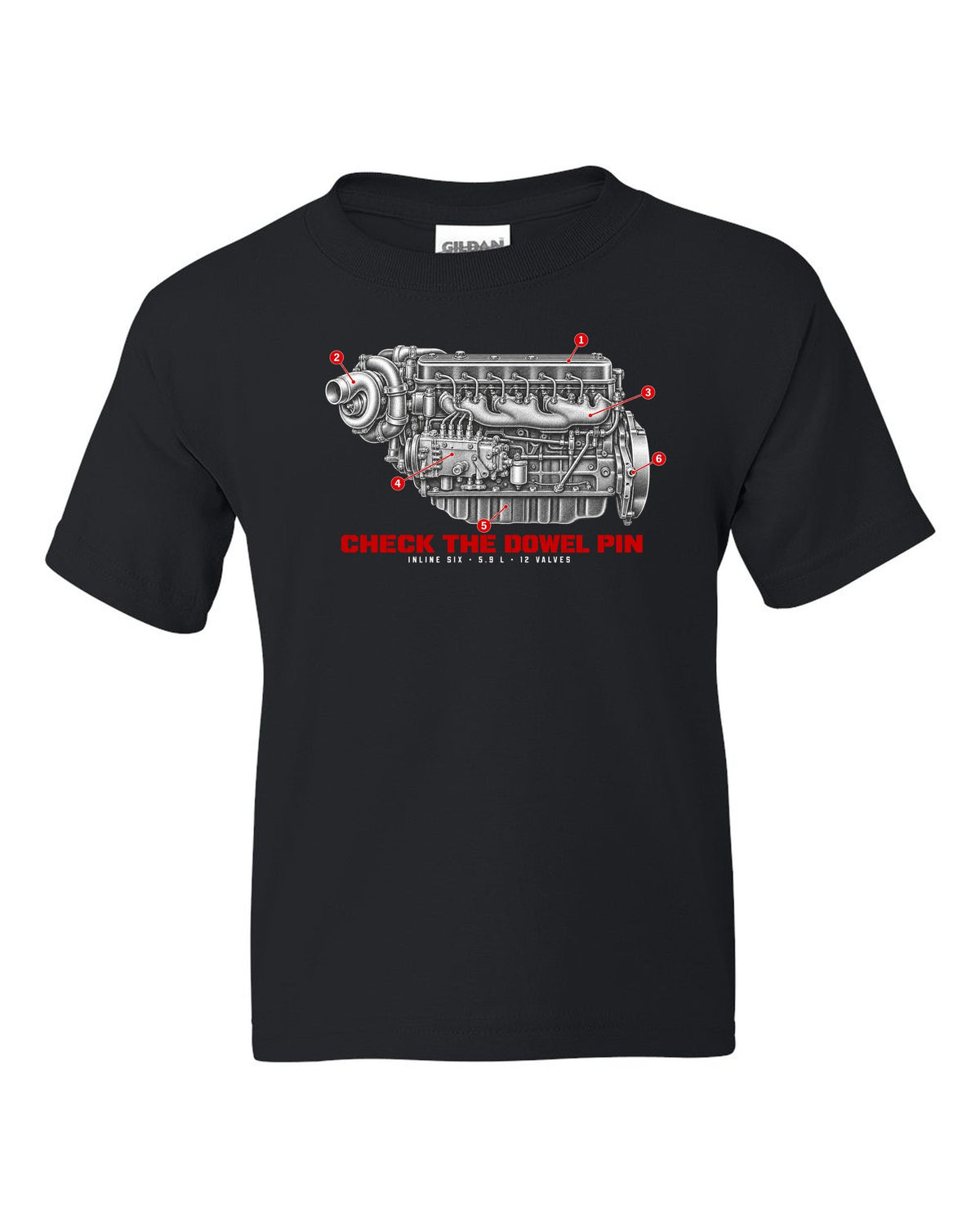 Engine hero print of a 1994-98 Ram 2500 5.9L 12-valve Cummins inline six black kids tee front view with the design