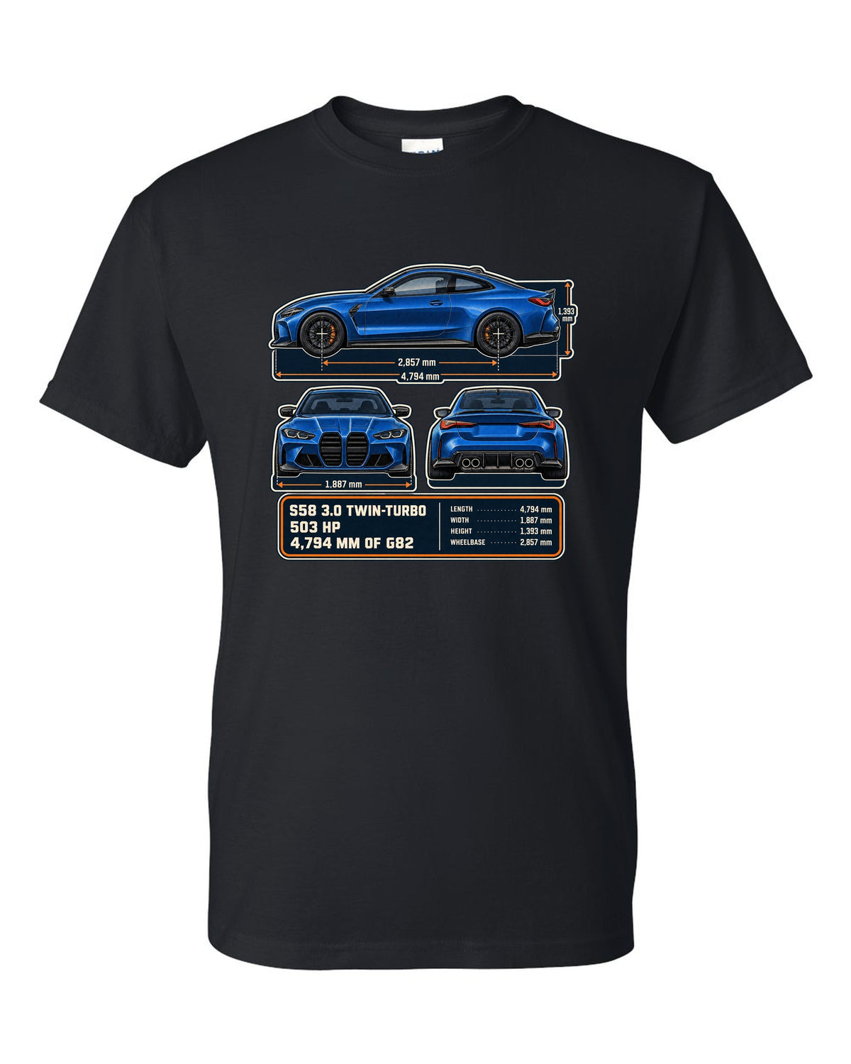 BMW M4 Competition G82 dimension blueprint print with S58 specs black t-shirt front view with the design