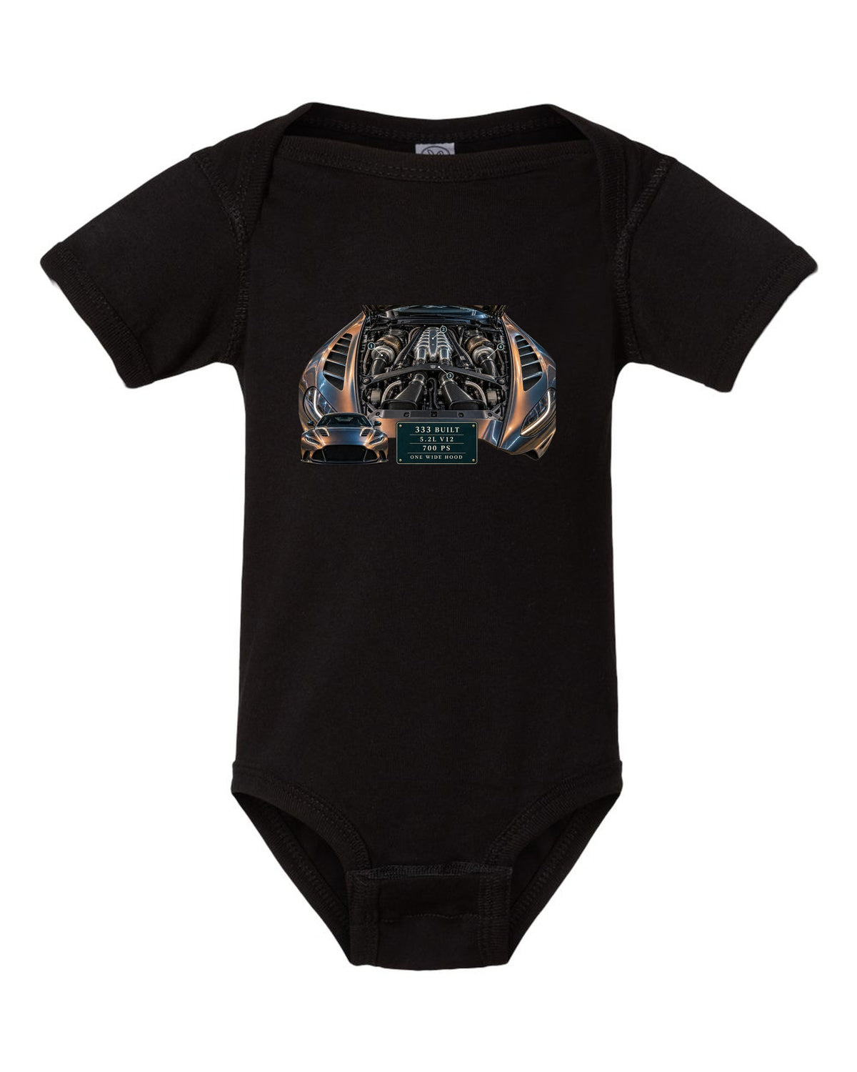 Aston Martin V12 Vantage 2022 engine hero print with 333 built 5.2L V12 700 PS text black baby onesie front view with the design