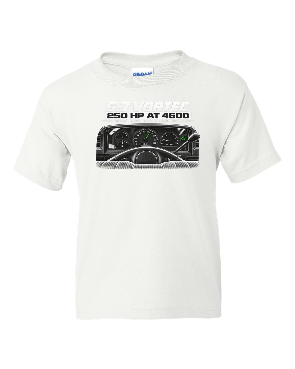 OBS Chevy C1500 cockpit and gauge cluster print white kids tee front view with the design