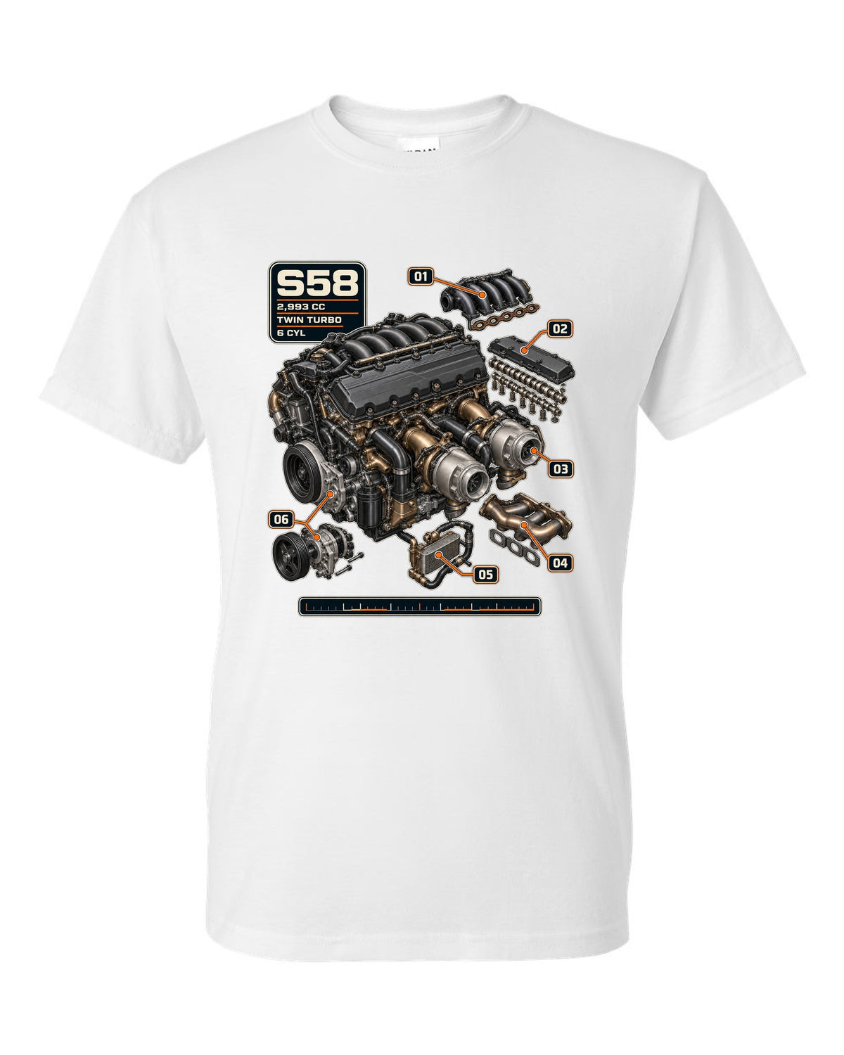 BMW S58 twin-turbo inline-six engine print with 2,993 cc text white t-shirt front view with the design