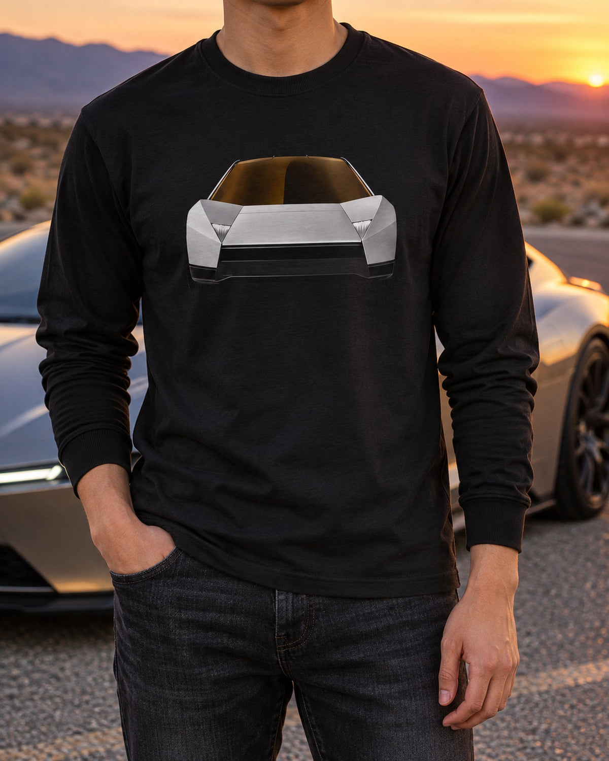 Tesla Roadster Light Bar Shirt, Hoodie & More Long Sleeve Black worn hero