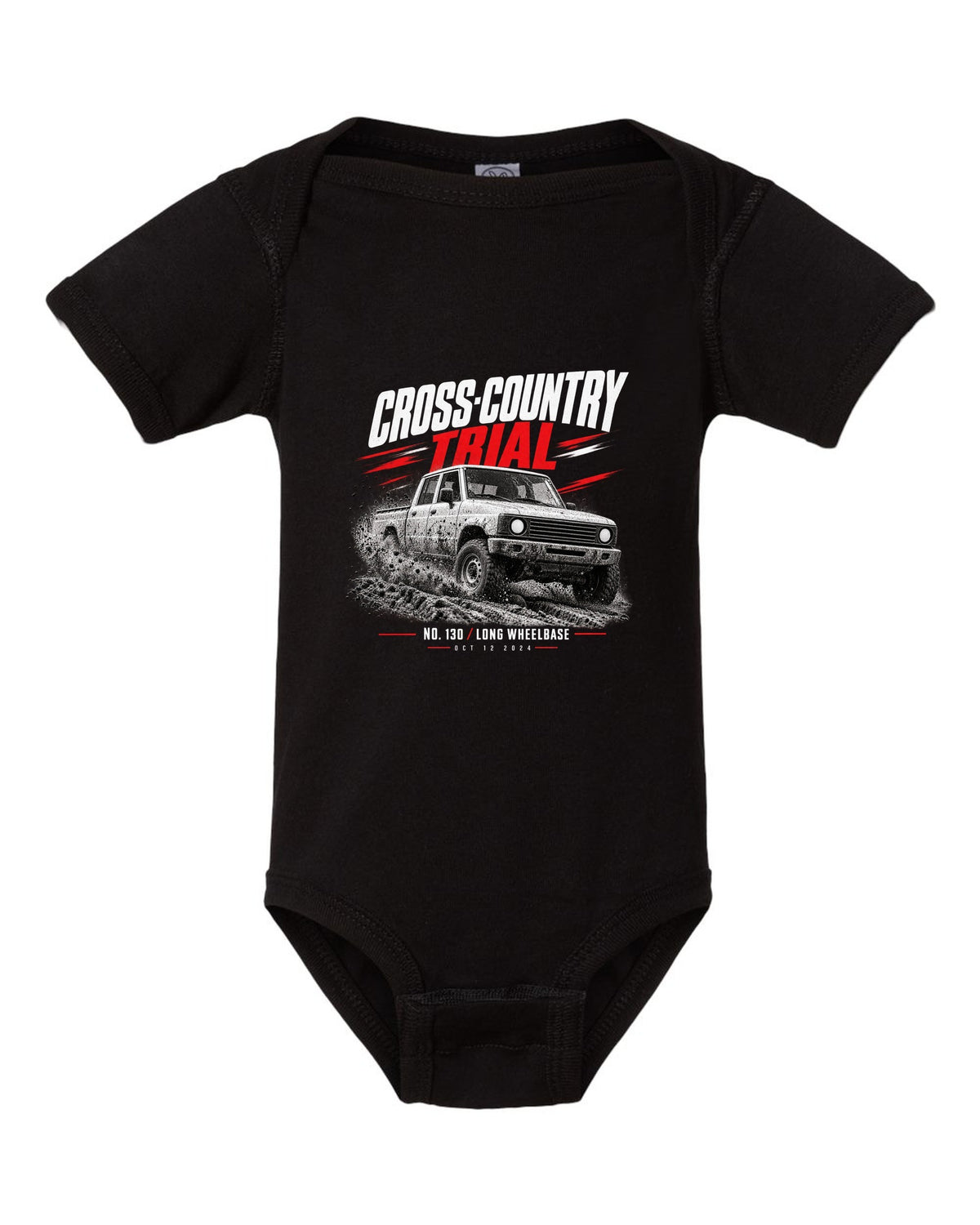 Land Rover Defender 130 cross-country trial race poster print black baby onesie front view with the design