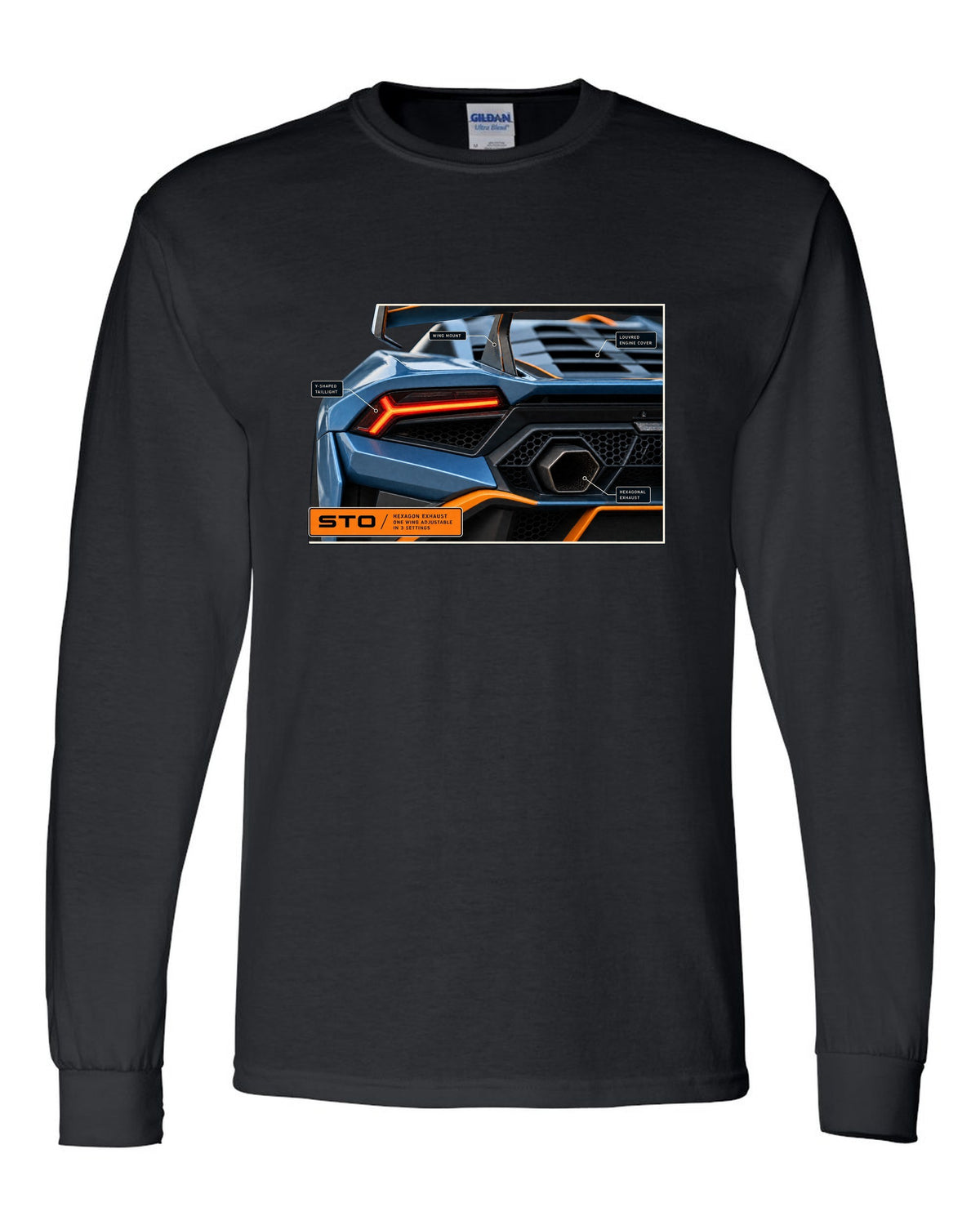 Taillight and hexagon exhaust macro print of the Lamborghini Huracan STO black long sleeve front view with the design