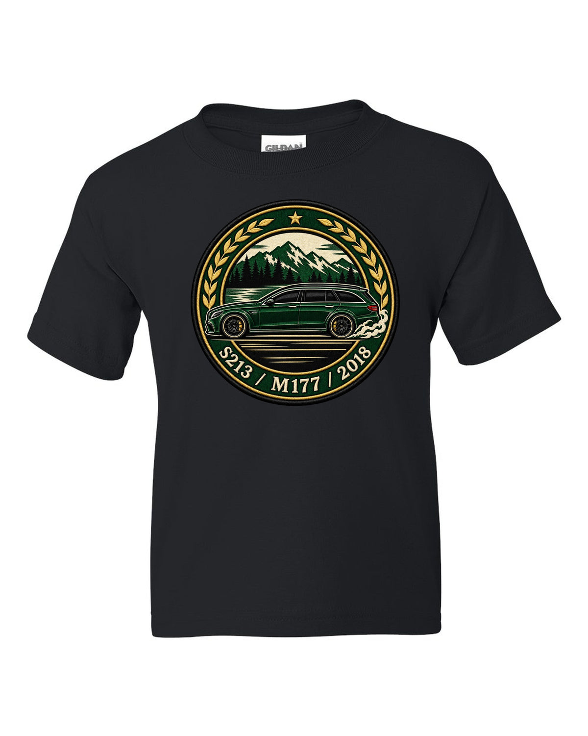Embroidery-style varsity crest of a Mercedes E63 AMG Wagon S213 with M177 black kids tee front view with the design