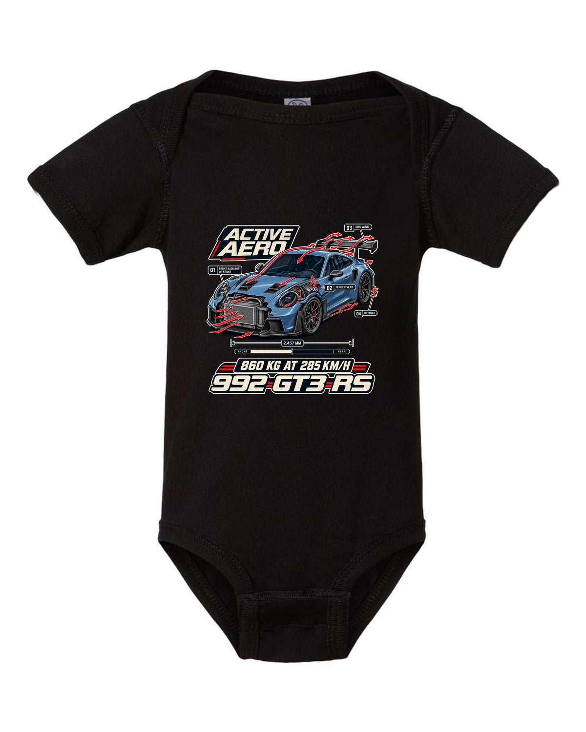 Porsche 992 GT3 RS aero and cutaway callouts print design black baby onesie front view with the design
