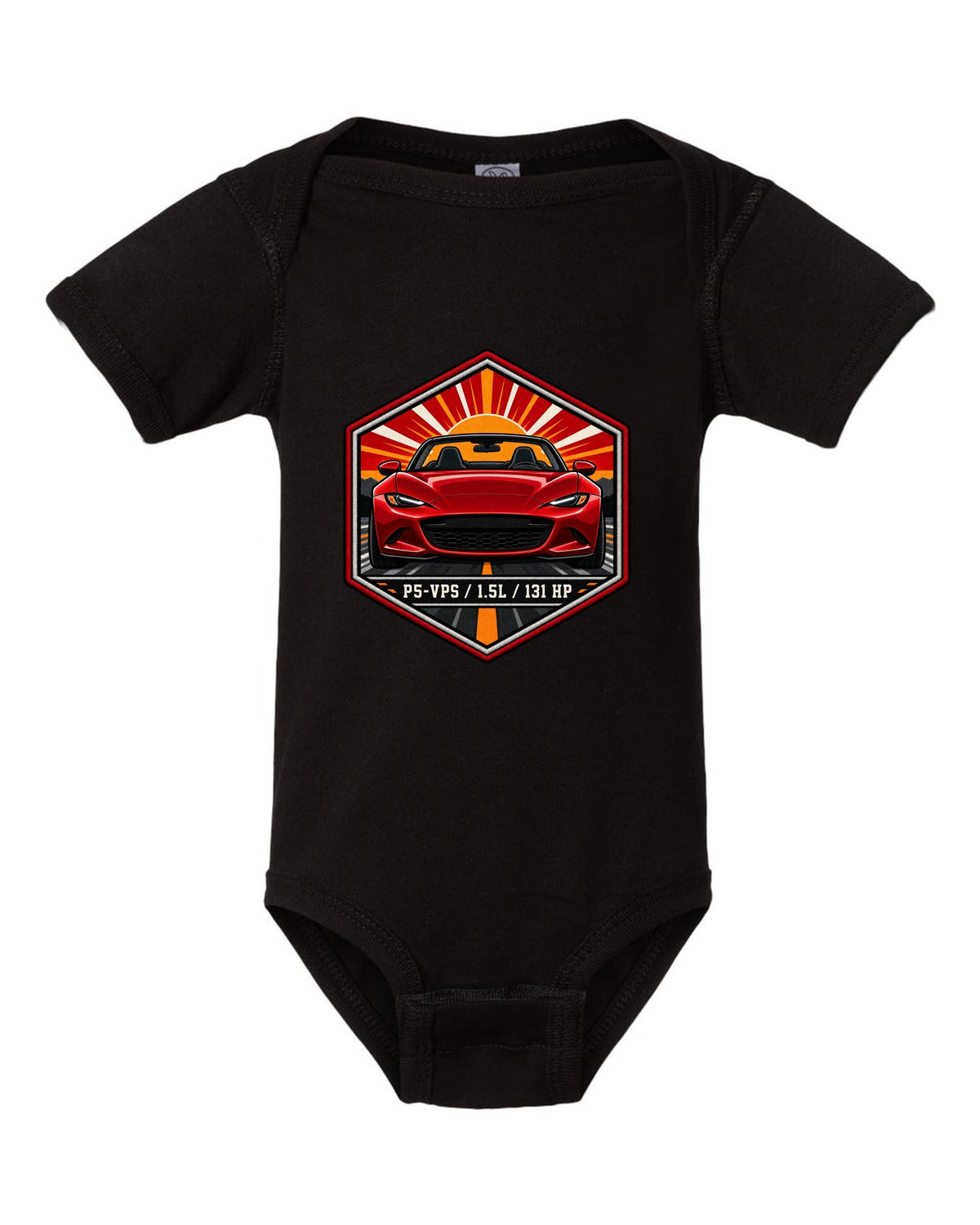 Embroidery-style hex crest of a Mazda MX-5 ND with P5-VPS 1.5L 131 HP text black baby onesie front view with the design