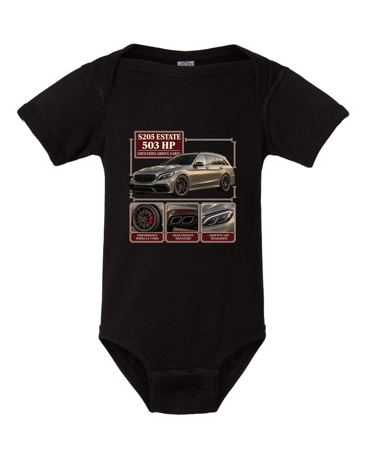 Mercedes-AMG C63 S Estate S205 dossier panel design in warm grey black baby onesie front view with the design