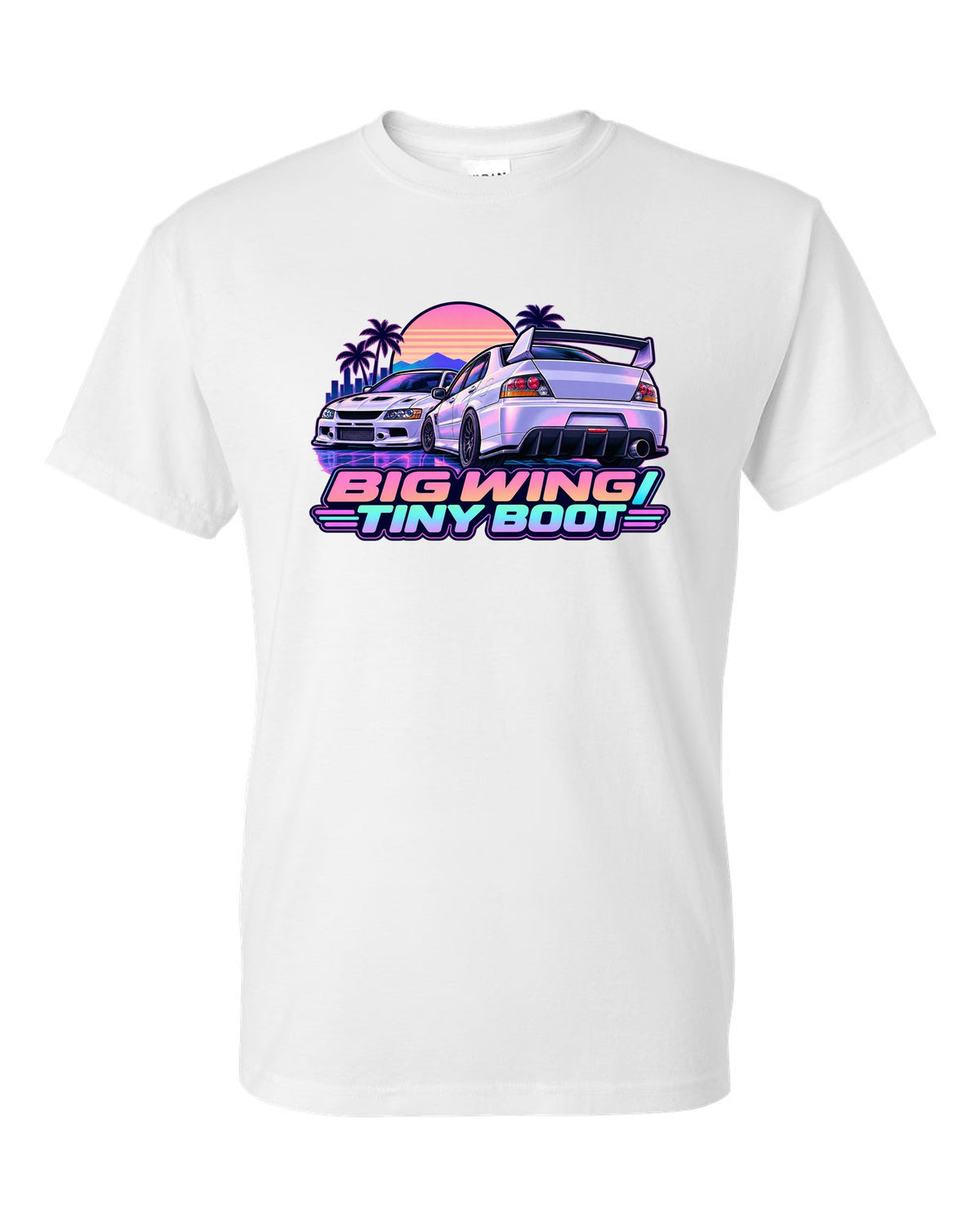Vaporwave pastel print of the Mitsubishi Evo IX CT9A with big wing tiny boot text white t-shirt front view with the design