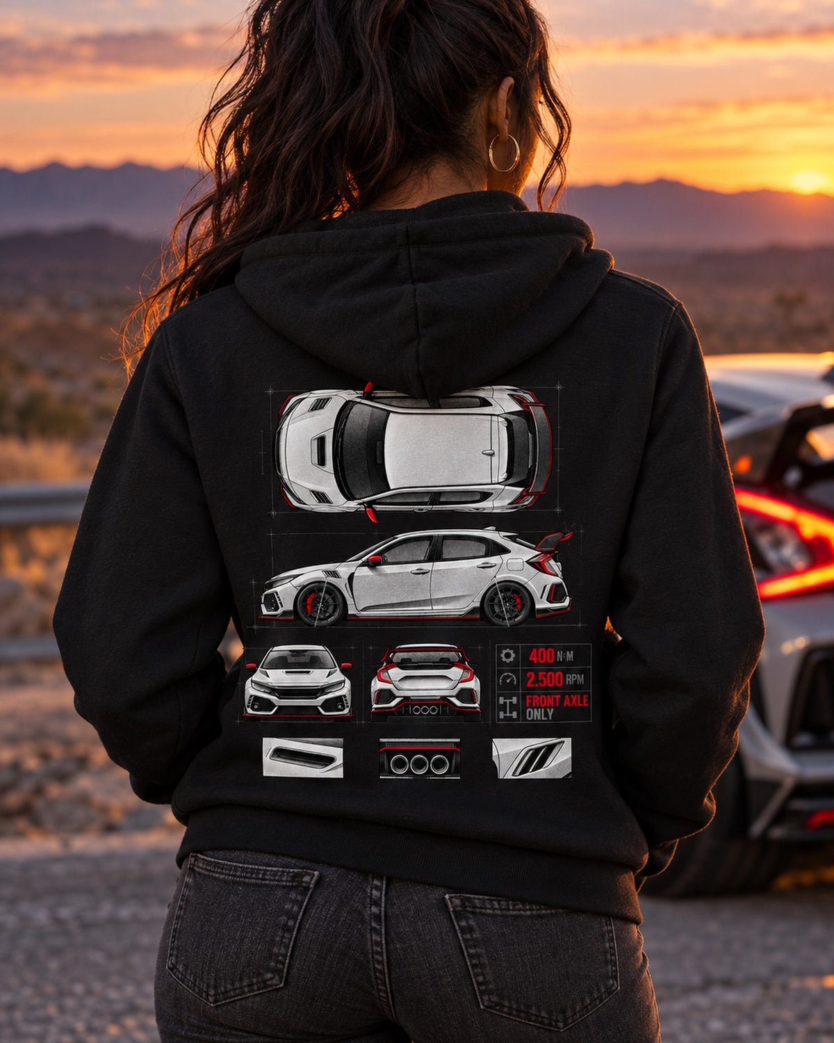 Honda Civic FK8 Type R Three Pipes Spec Poster Shirt, 2018 Zip Hoodie Black worn hero