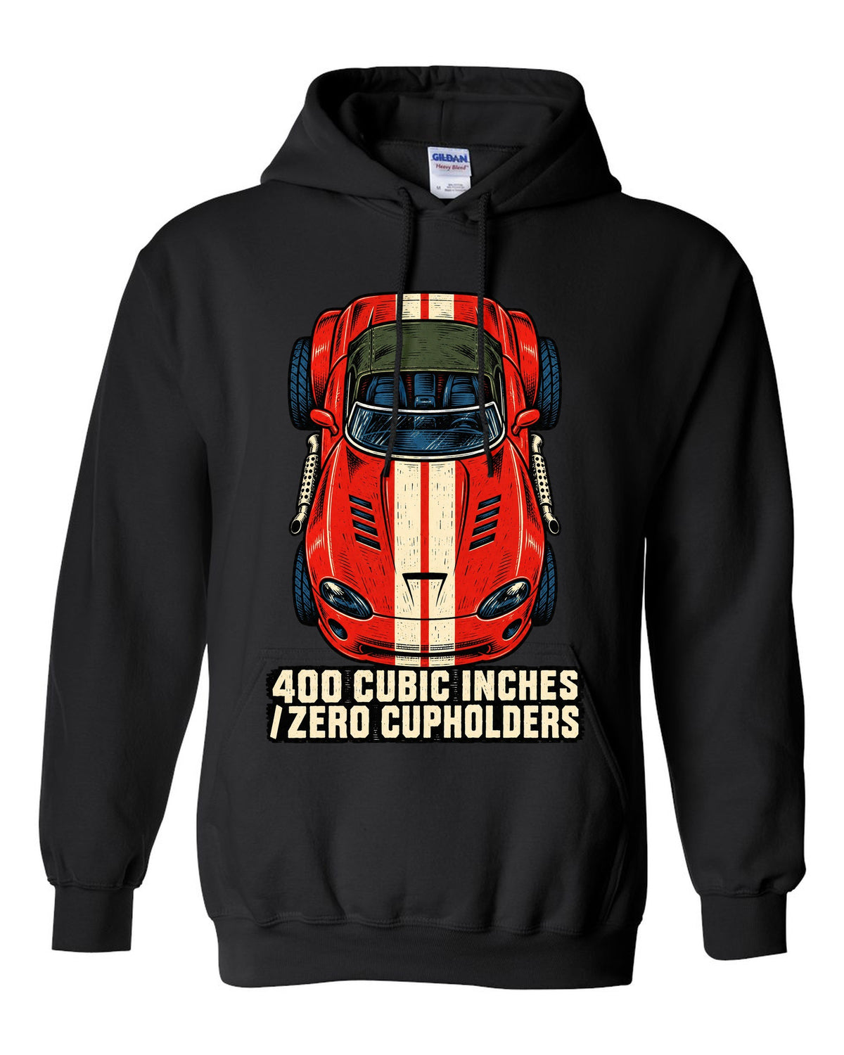 Four-ink linocut print of a 1993 Dodge Viper RT/10 with zero cupholders text black pull over hoodie front view with the design
