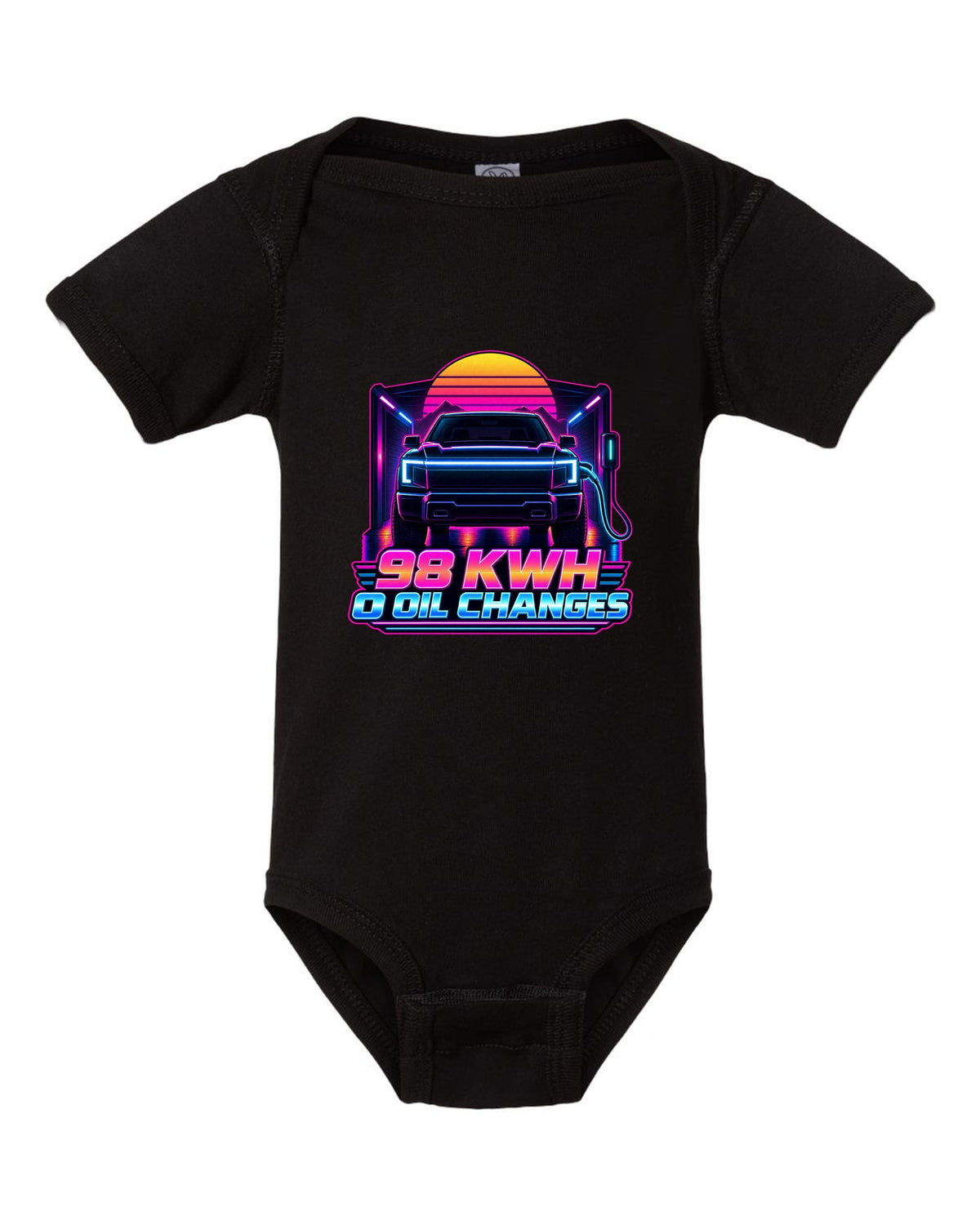 Ford F-150 Lightning EV with lightbar in a neon synthwave outline print black baby onesie front view with the design