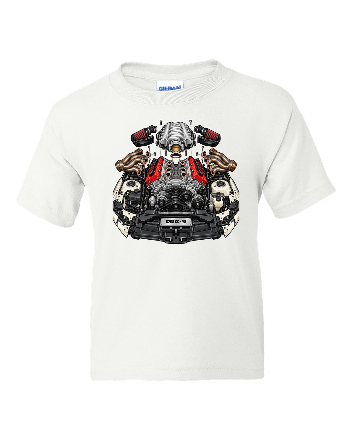 Exploded cutaway illustration of a Mercedes AMG M156 6.2 V8 engine white kids tee front view with the design