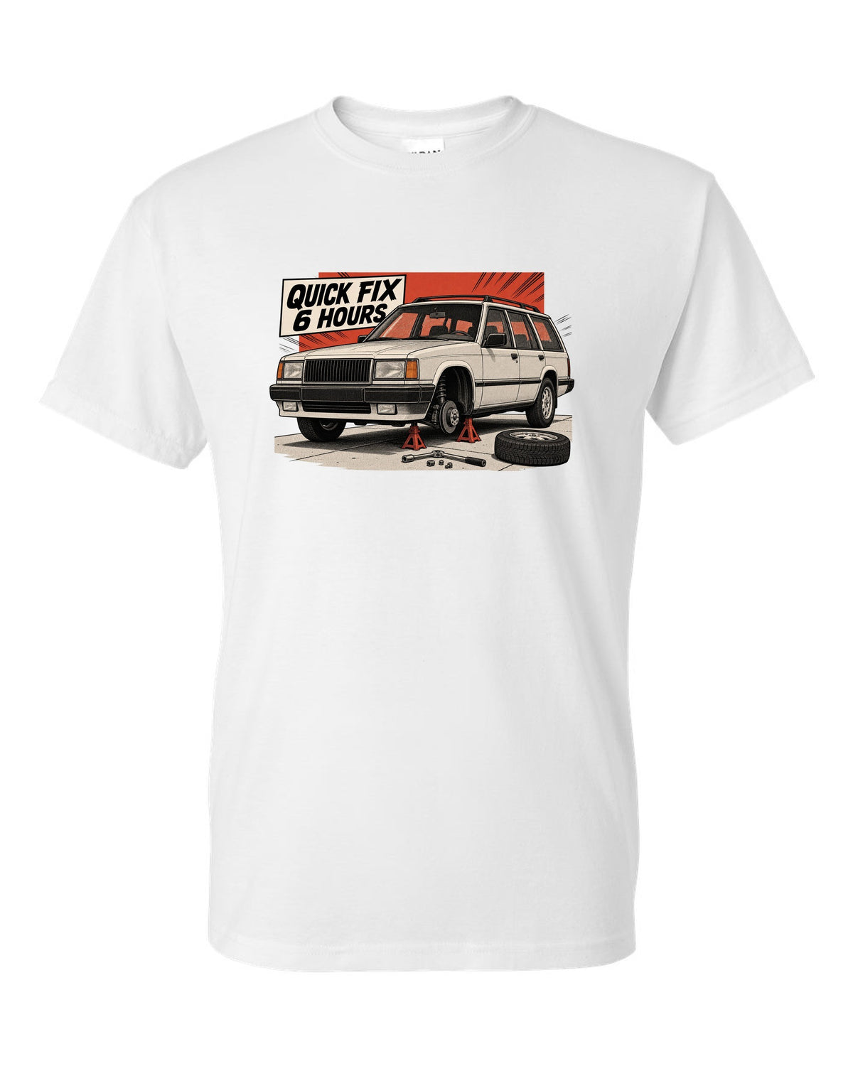 Retro manga halftone panel of a Jeep Cherokee XJ on jack stands with Quick Fix 6 Hours text white t-shirt front view with the design