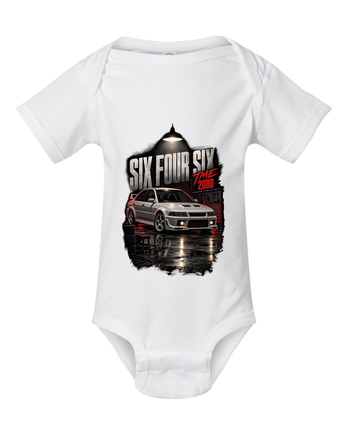 Garage night print for the Mitsubishi Lancer Evolution VI TME CP9A reading Six Four Six, titanium turbine wheel, 2000 white baby onesie front view with the design