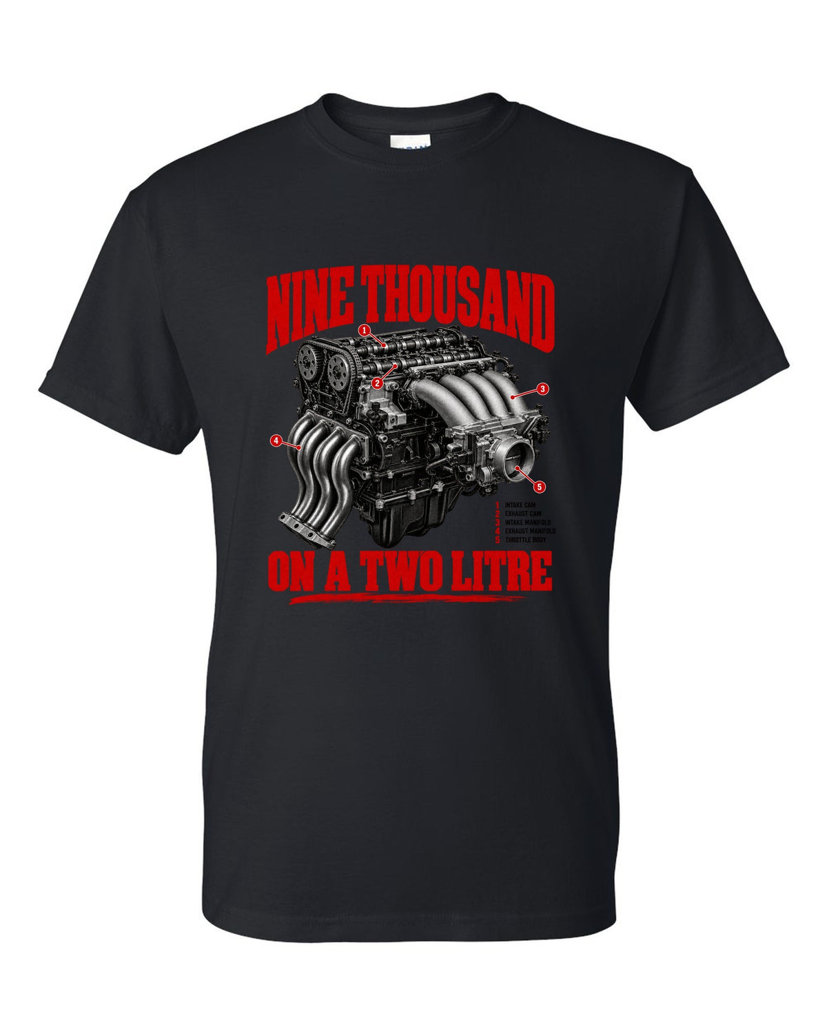 Honda S2000 AP1 roadster engine hero design with nine thousand on a two litre text black t-shirt front view with the design