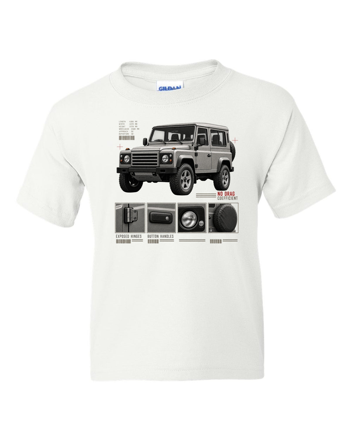 Dossier panel print of a Mercedes G-Class W463 listing exposed hinges and button handles white kids tee front view with the design