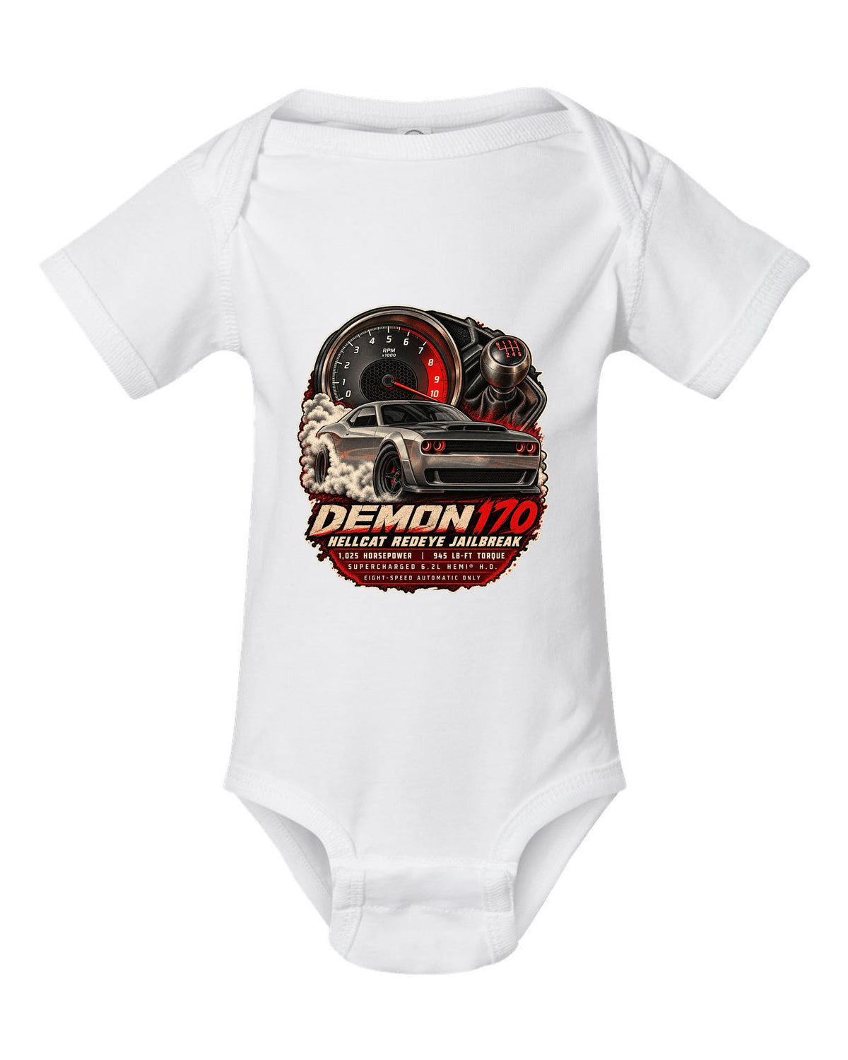 Ford Mustang S550 Shelby GT350 cockpit gauge cluster print showing 8,250 rpm white baby onesie front view with the design