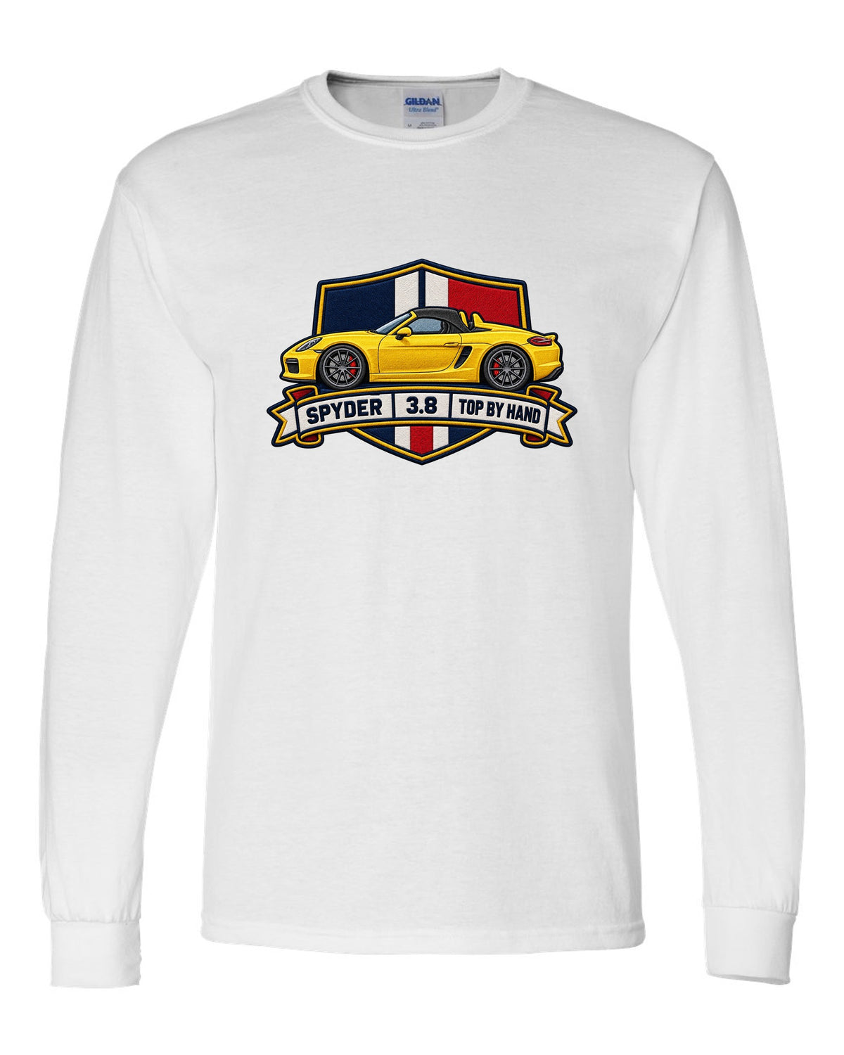 Embroidery-style crest design for the Porsche 981 Boxster Spyder with 3.8 and top by hand lettering white long sleeve front view with the design