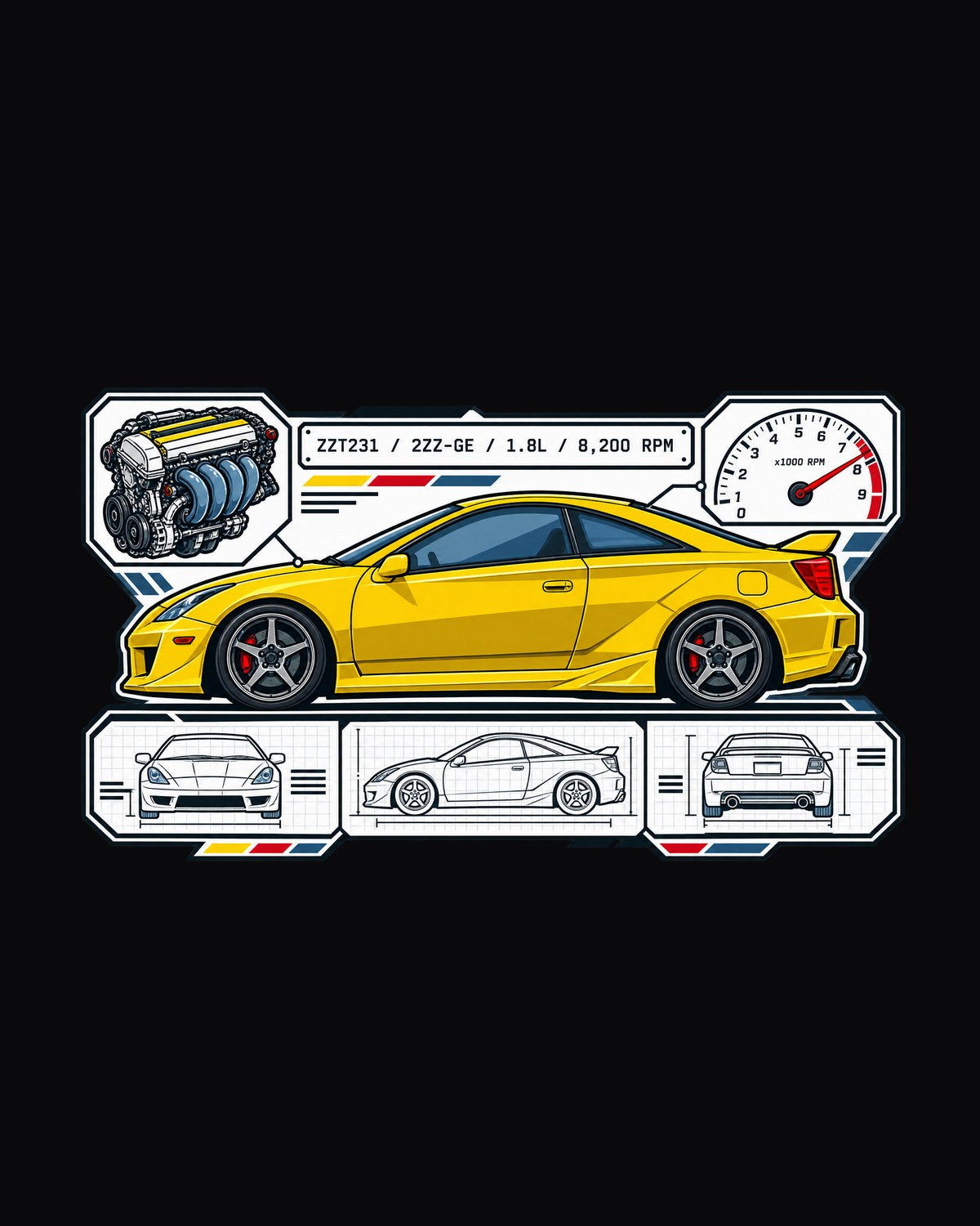 Toyota Celica ZZT231 2ZZ-GE Spec Sheet Data Plate Shirt design only
