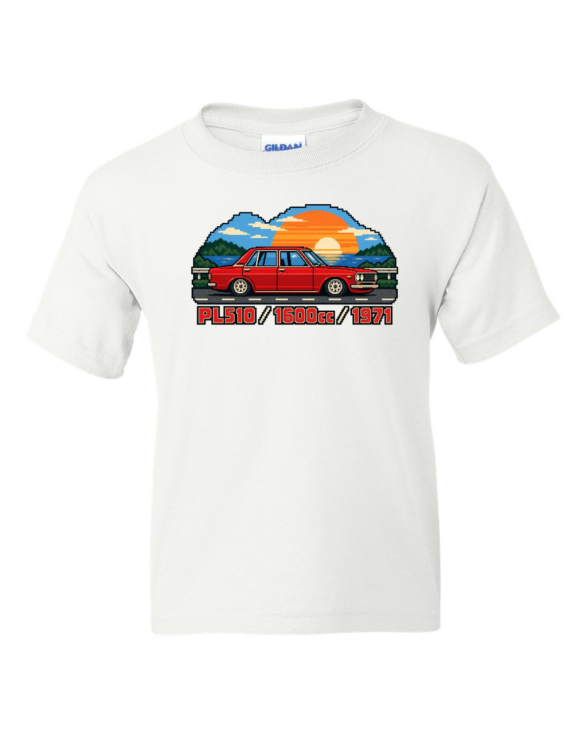 16-bit pixel art of a 1971 Datsun 510 PL510 sedan with 1600cc lettering white kids tee front view with the design