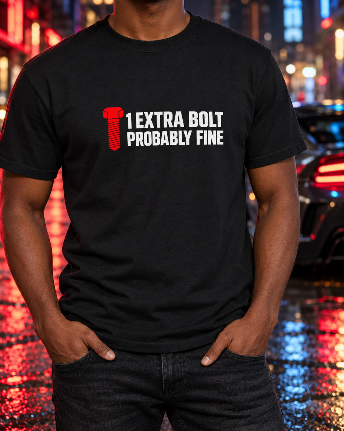 Funny Extra Bolt Shirt for Mechanics and Car Guys T-Shirt Black worn hero