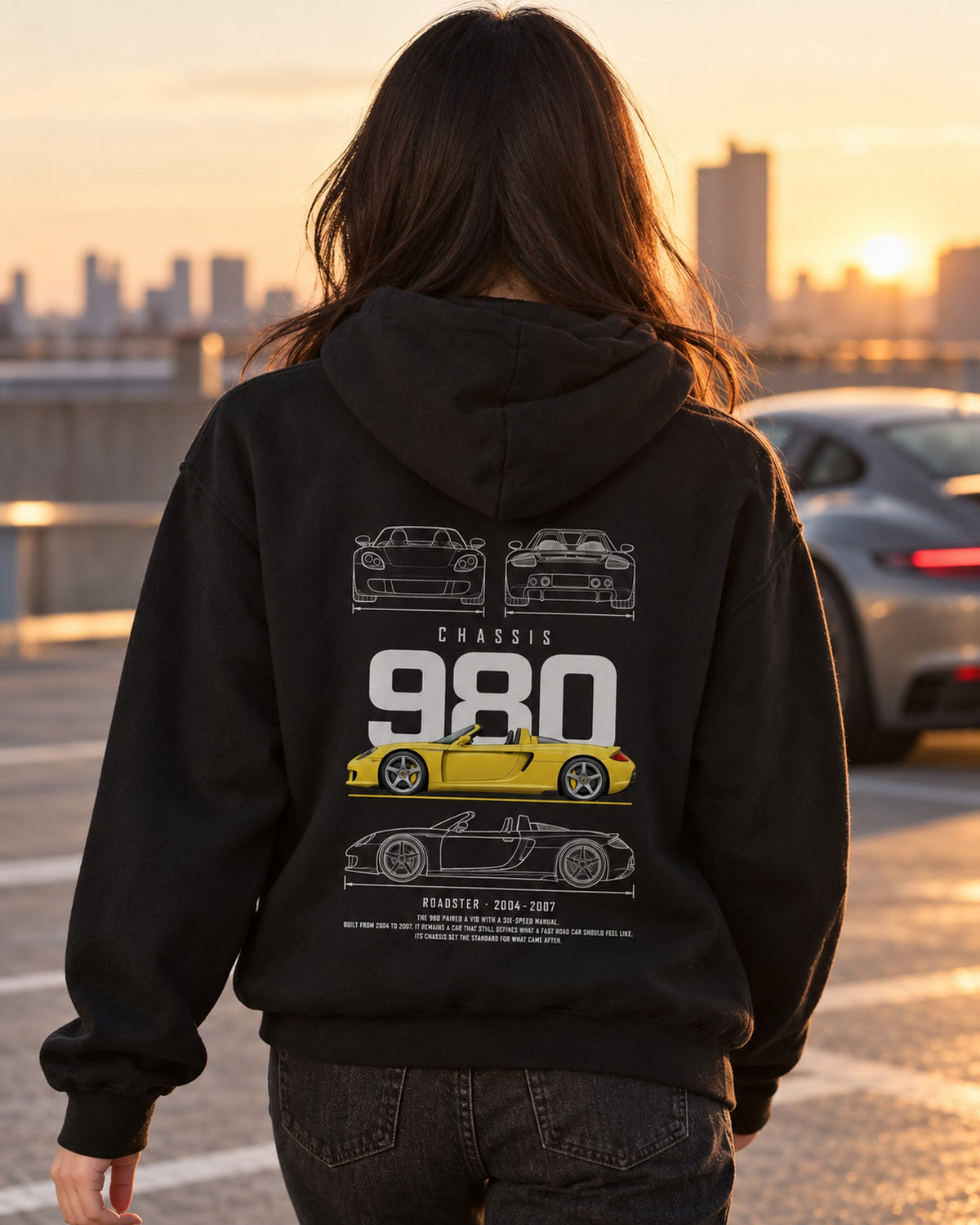 Porsche Carrera GT roadster supercar Blueprint Full-Back Graphic Tee, 980 Chassis Code Pull Over Hoodie Black worn hero