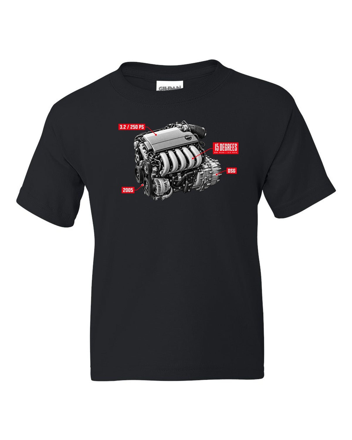 VW Golf R32 Mk5 2005 VR6 engine hero design with 15 degrees one head text black kids tee front view with the design