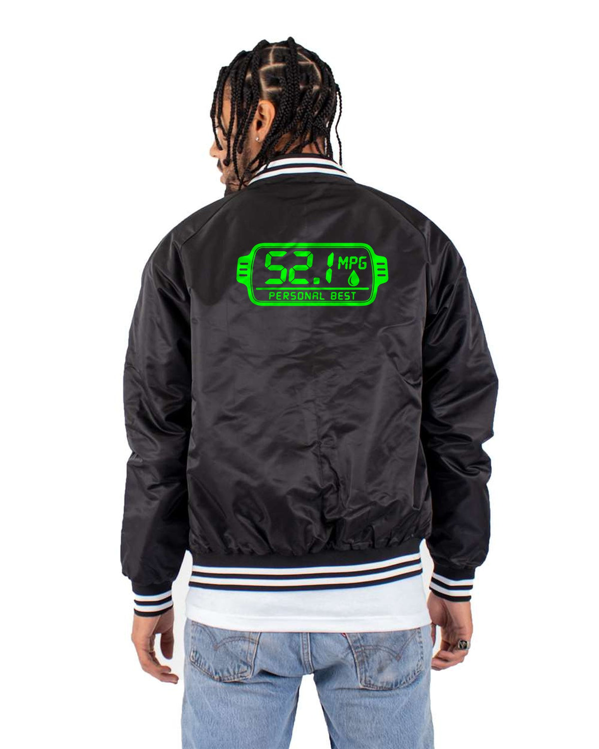 52.1 MPG Personal Best Funny Car Guy Shirt Bomber Jacket Black back