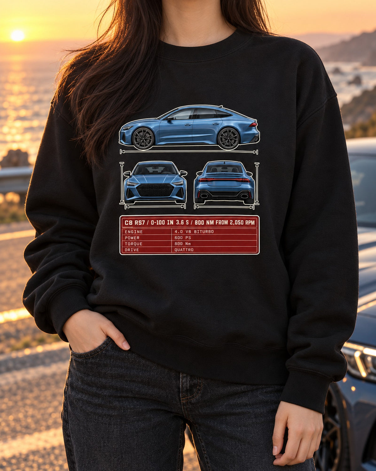 Audi RS7 C8 Three-View Spec Sheet Shirt, 0-100 in 3.6 s Crewneck Black worn hero