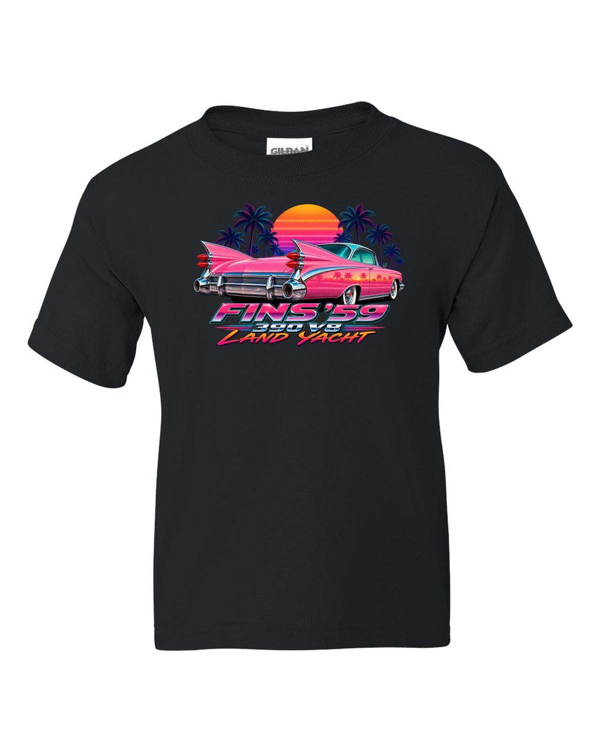 1959 Cadillac Series 62 Coupe de Ville rear fins against an airbrush retro sunset black kids tee front view with the design