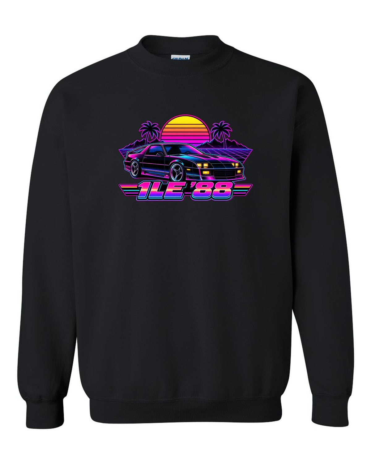 1988 Camaro 1LE third-generation against a synthwave grid horizon with a striped sun and the text 1LE '88 black crewneck front view with the design