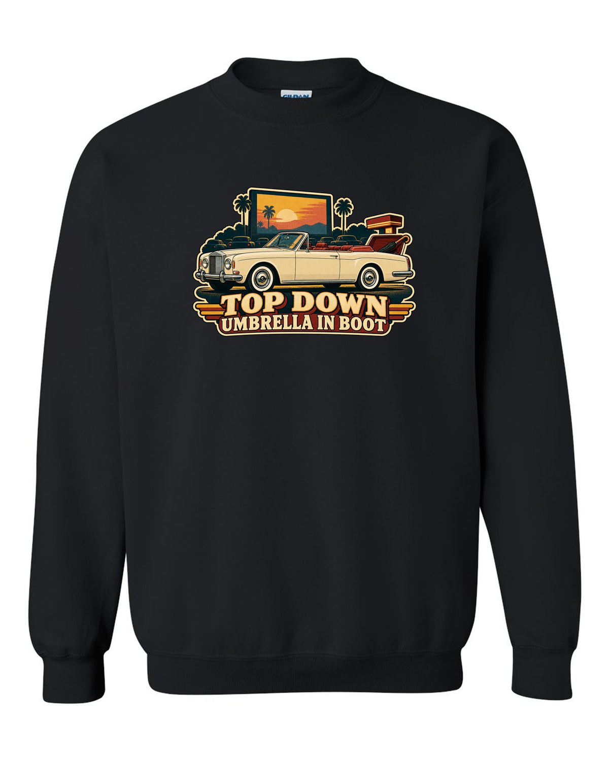 Retro Japanese showa catalogue style illustration of a 1971 Rolls-Royce Corniche convertible with TOP DOWN lettering black crewneck front view with the design