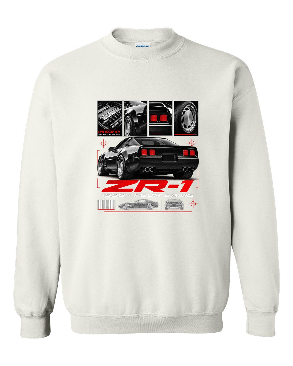 Chevrolet Corvette C4 ZR-1 1990 LT5 dossier print wide rear white crewneck front view with the design