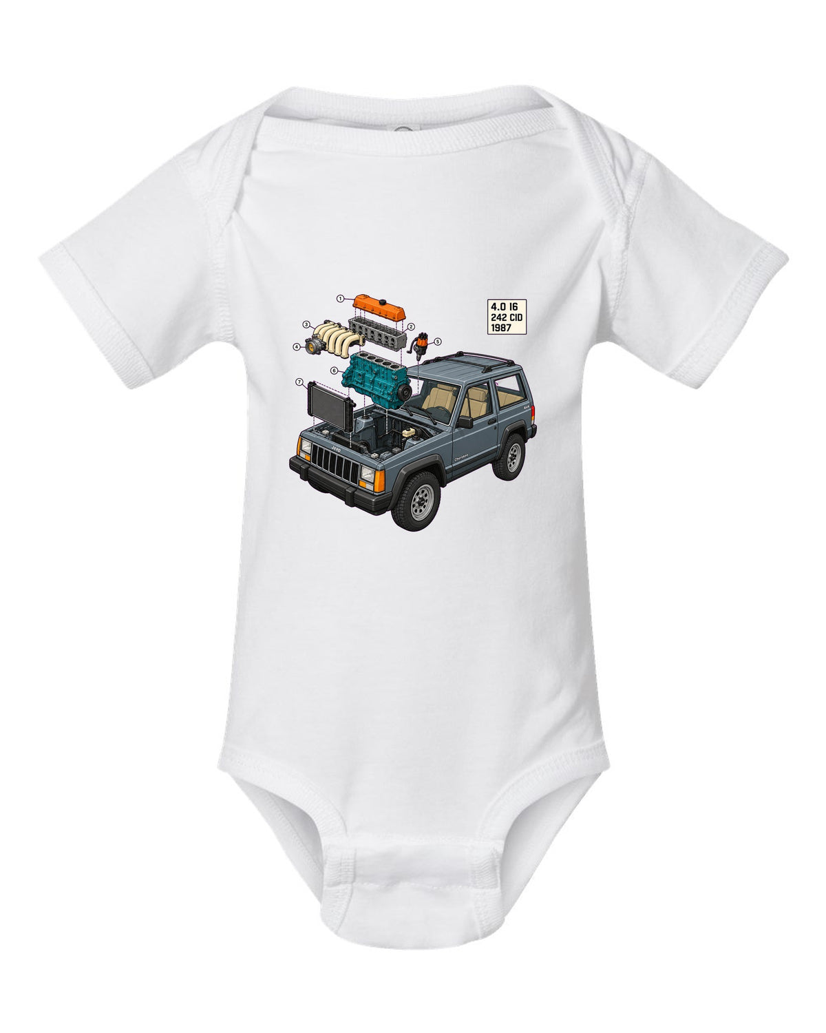 Isometric exploded diagram of a Jeep Cherokee XJ 4.0 inline six engine bay white baby onesie front view with the design