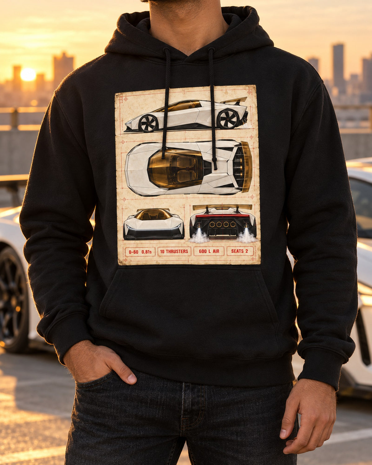 Tesla Roadster Spec Sheet Shirt, Hoodie & More Pull Over Hoodie Black worn hero
