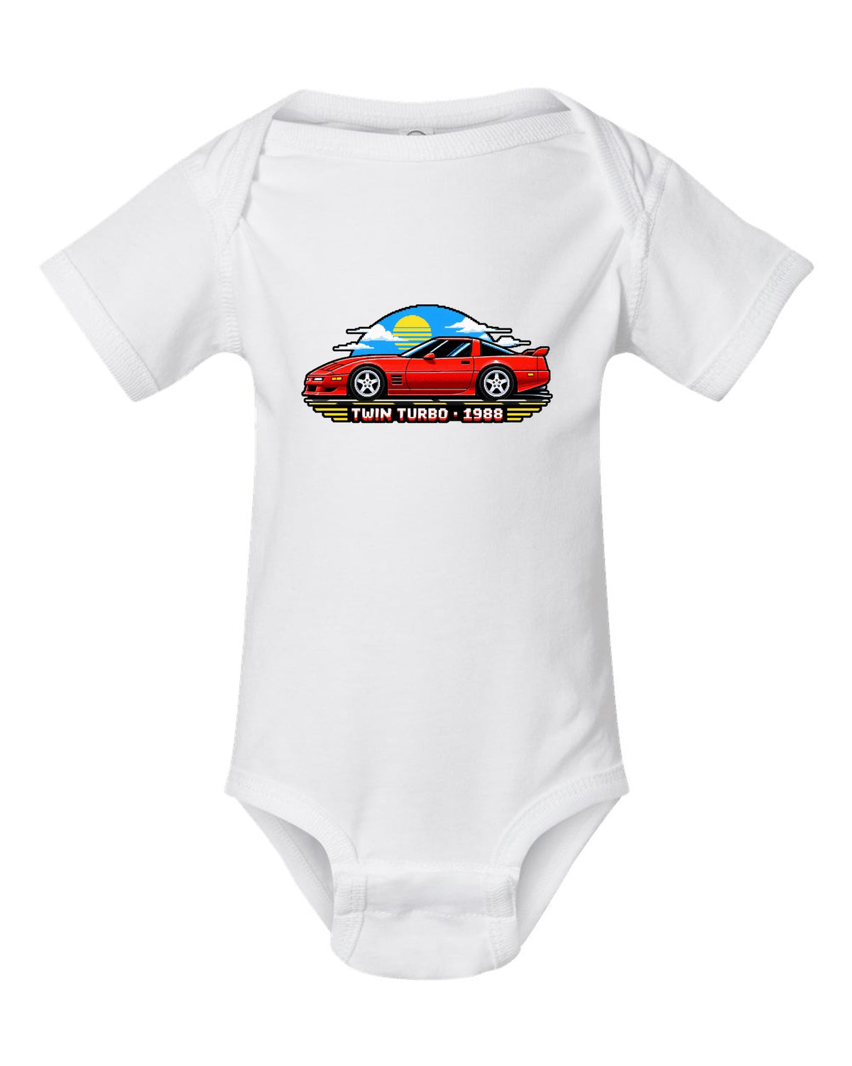 16-bit pixel art of a 1988 C4-based twin-turbo Corvette with pop-up headlights white baby onesie front view with the design
