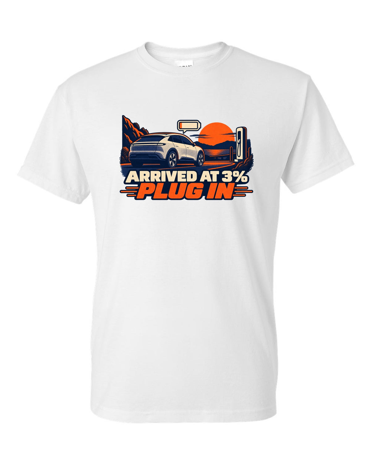 Risograph duotone print of a Tesla Model Y Juniper reading Arrived at 3% Plug In white t-shirt front view with the design