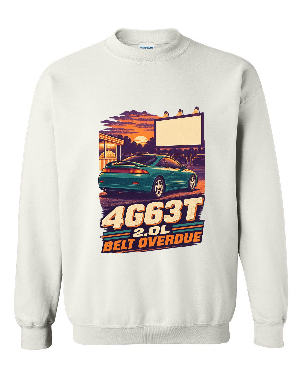 Vintage race-poster lithograph print of a Mitsubishi Eclipse 2G with 4G63T 2.0L belt overdue lettering white crewneck front view with the design